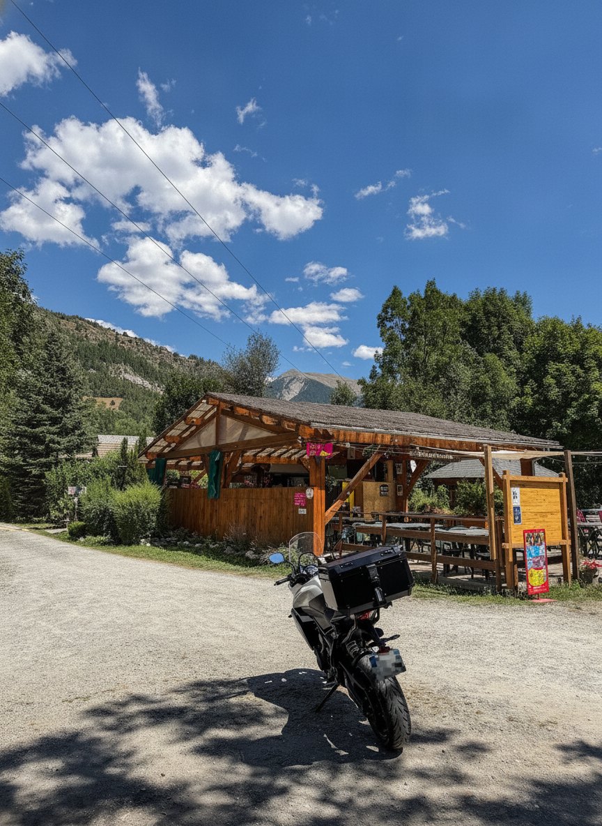 Moto garée devant une terrasse en bois dans le Champsaur
